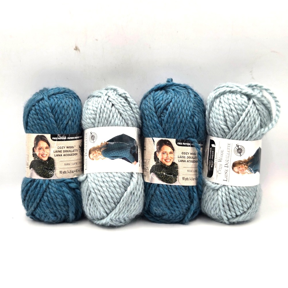 Loops And Threads Cozy Wool Yarn in Thunder Blue and Stone Lot Of 4 Skeins, NEW